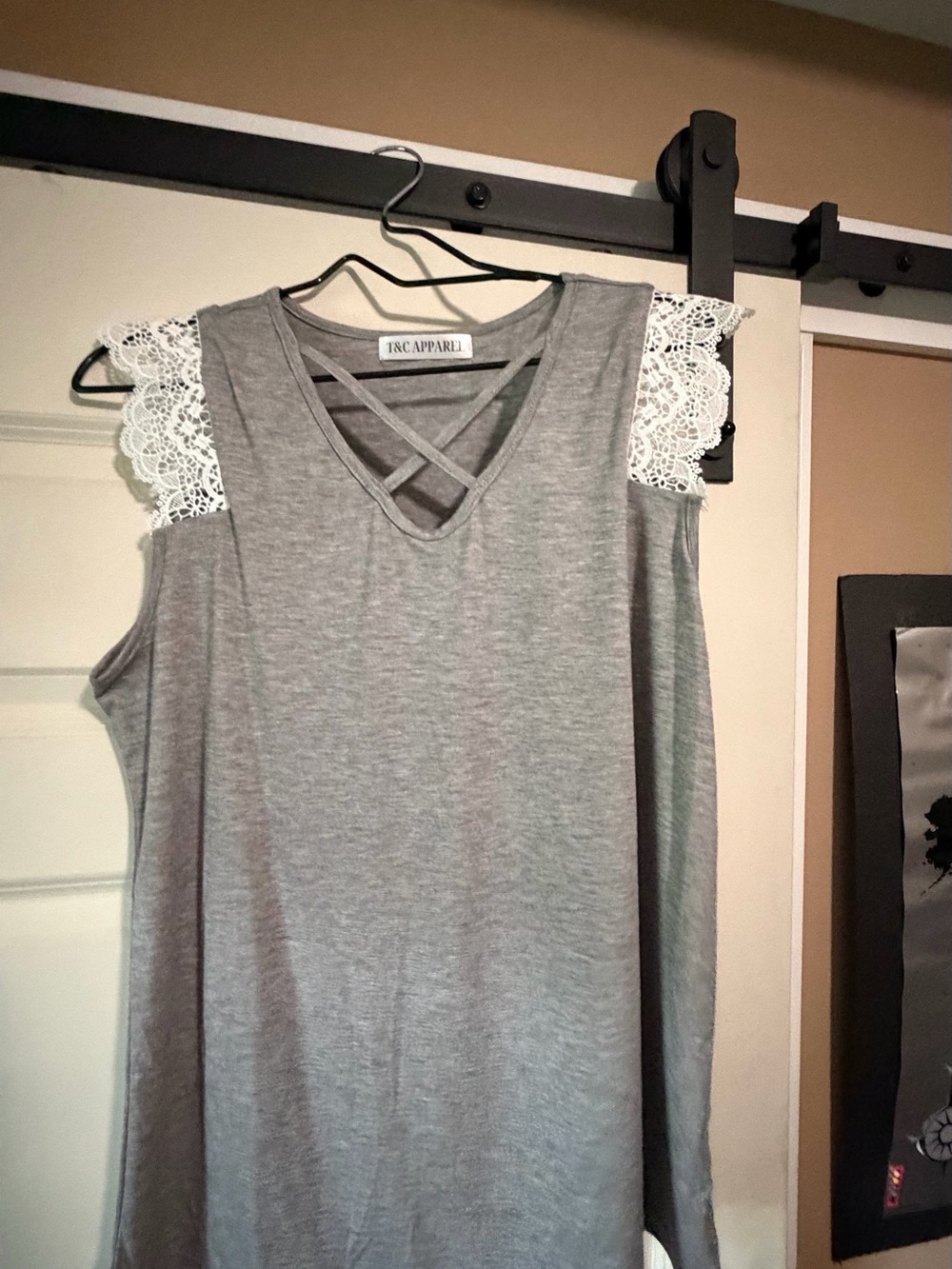 Gray Lace-Shoulder Crisscross V-Neck Tank